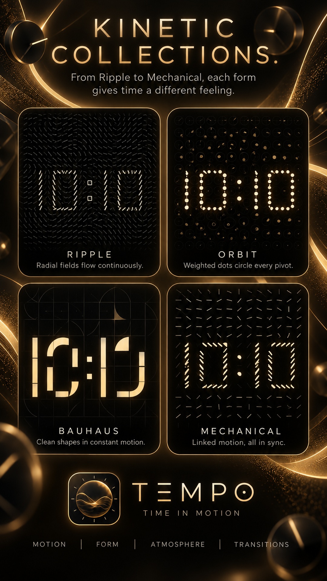Kinetic collections — Ripple, Orbit, Bauhaus and Mechanical